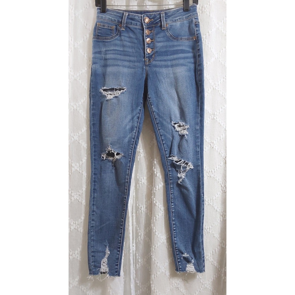 Maurices High Rise Distressed Skinny Jeans Blue Button Fly XS Short